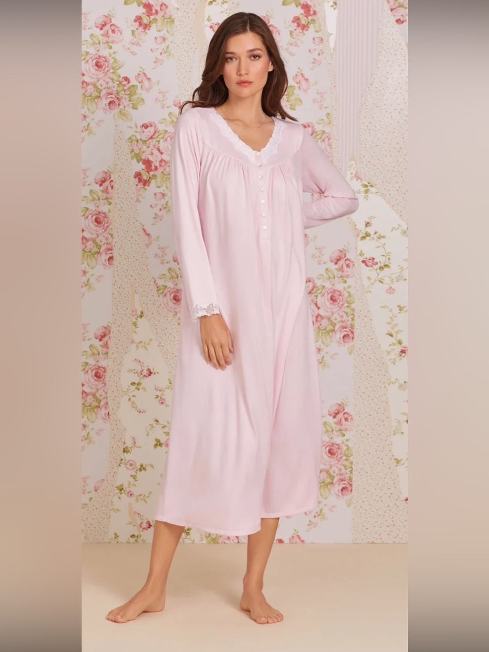 Eileen West Lace Trim Sweater Knit Ballet Nightgown Pink Size S Cottage Grandma